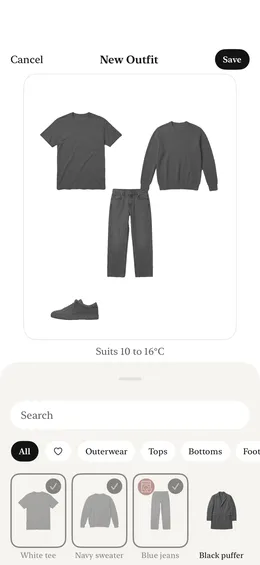 Canvas showing a new Outfit of a white tee, navy sweater, blue jeans and black puffer, rated Suits 10 to 16°C